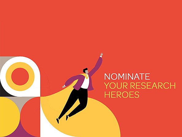 Graphic showing a superhero against a colourful red, yellow and purple background, with text reading: Nominate your research heroes
